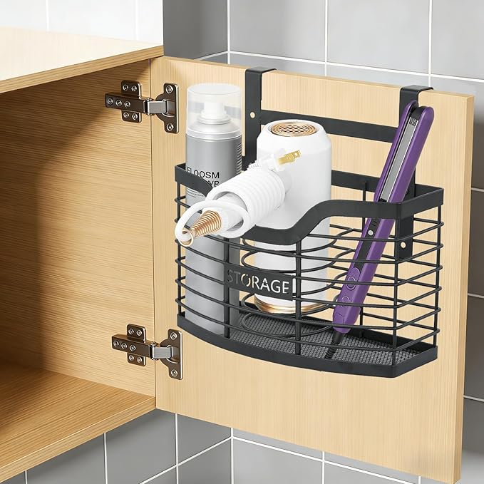 Hair Tool Organizer, Stainless Steel Hair Dryer Holder for Dresser, Bathroom Countertop & Cabinet Door, Wall Mount Storage Basket for Holding Hairdressing Curler, Blow Dryers, Shaver, Comb