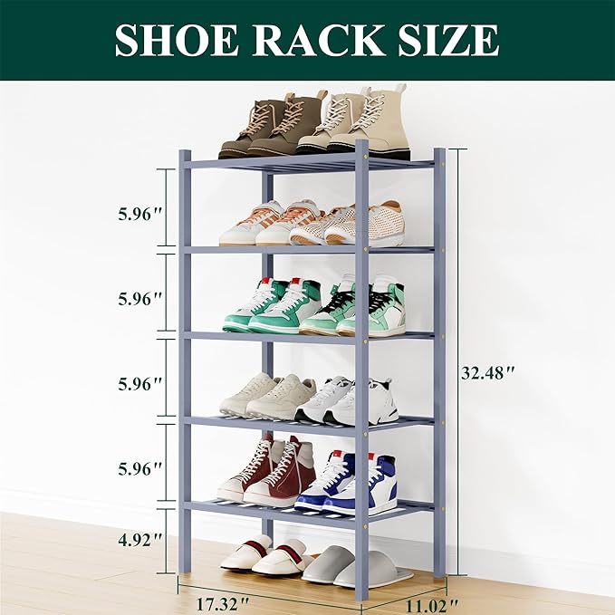Smiry Shoe Rack, 5 Tier Small Bamboo Shoe Organizer, Stackable Free Standing Wooden Shoe Storage Shelf for Closet, Entryway, Front Door Entrance, Grey