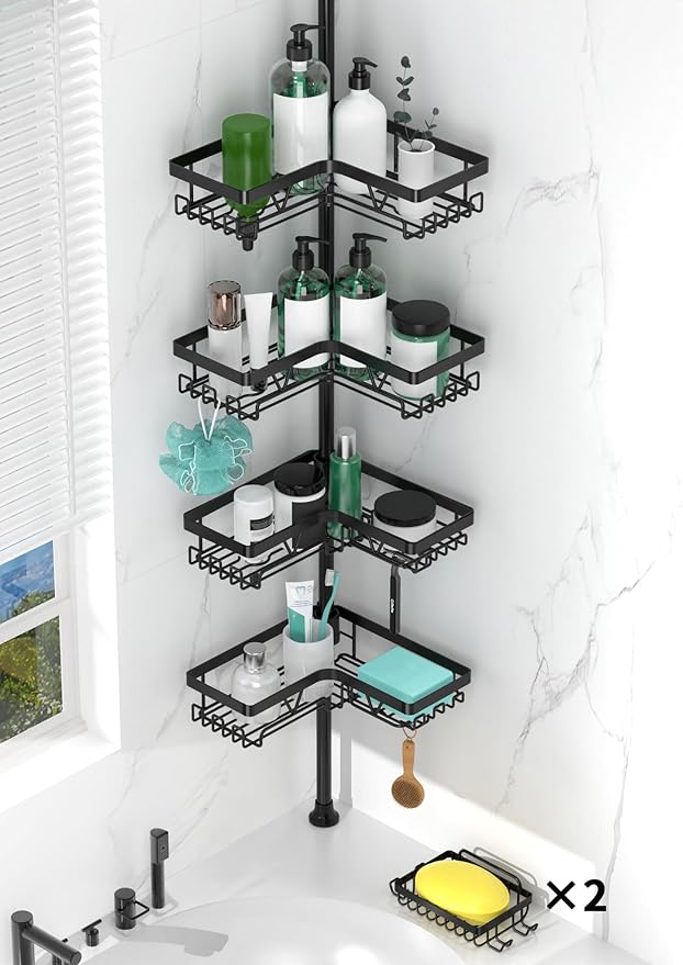 Tension Pole Shower Caddy Corner with 2 Soap Holders, 4 Tier Bathroom Shower Organizer Floor to Ceiling 25-114 inch, Adjustable, Multiple Hooks, Stable Base, Rustproof, Black