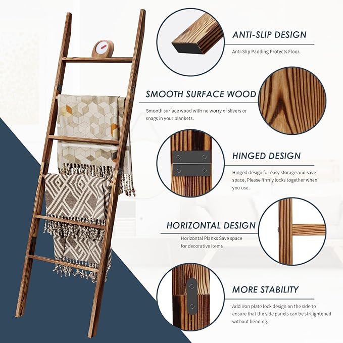 6-Tier Blanket Ladder Wooden, 5.7FT(66.5'') Blanket Quilt Towel Holder Rack Decorative Ladder, Easy Assembly, Rustic Farmhouse Ladder Shelf for The Living Room Bedroom Bathroom Home Decor, Brown