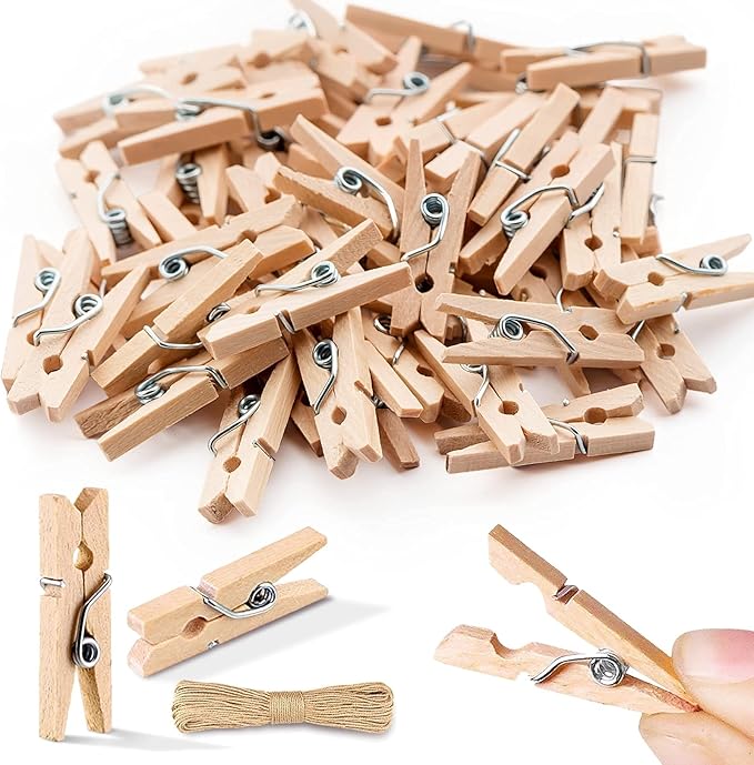 Mini Clothespins, Mini Clothes Pins for Photo Natural Wooden Small Picture Clips for Crafts 1 Inch 300 PCS Tiny Pegs with Jute Twine String Decorative Wood Clips for Wall Hanging Pictures