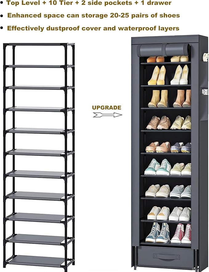 OYREL Shoes Rack 10 Tier Tall Narrow Shoe Rack with Bin Covered Shoe Shelf Storage Organizer Closet Stackable Shoe Stand