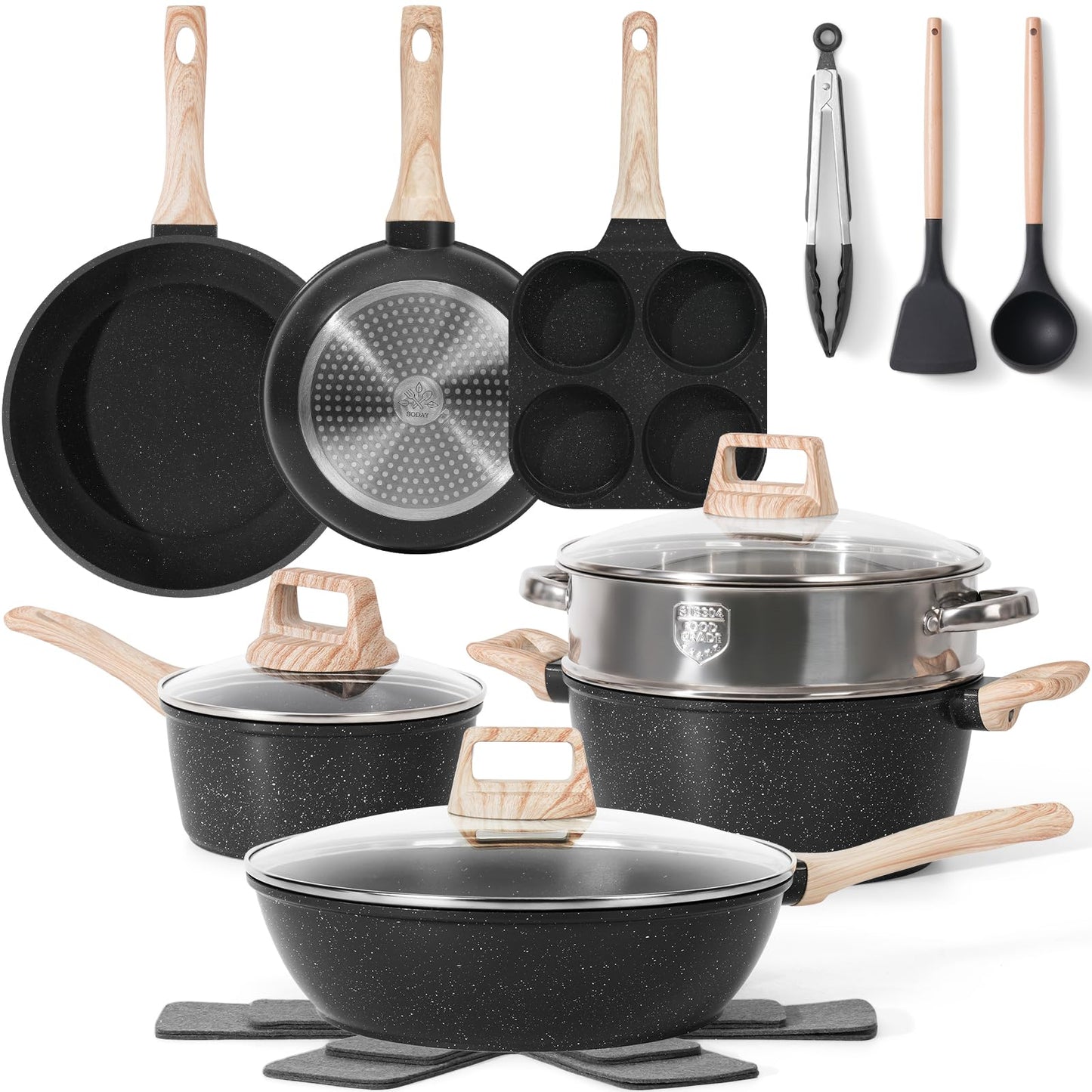 SODAY Pots and Pans Set Non Stick, 13Pcs White Granite Induction Cookware