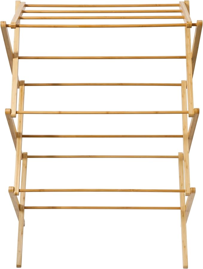 Gibson Home Riverrun Foldable Bamboo Drying Rack for Clothes & Towels – 2-Tier Collapsible Laundry Drying Rack, Space-Saving Air Dry Stand for Clothes, Towels, Blankets, etc for Indoor & Outdoor Use