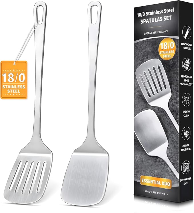 Stainless Steel Spatula, Metal Spatula Slotted Turner, Heavy Duty Sturdy Spatulas for Kitchen Use, High Heat Resistant Cooking Utensils for Fish Eggs Pancakes, Dishwasher Safe, Easy to Clean, Silver