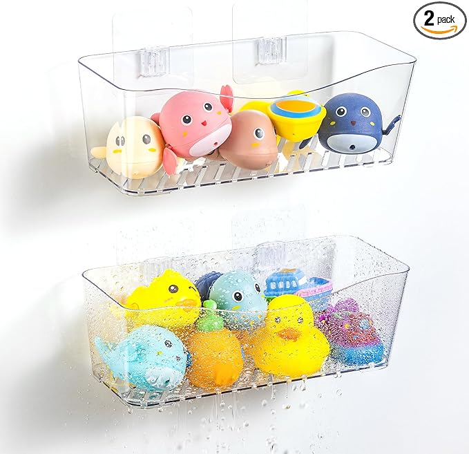 MIUKAA 2 Pack Large Bath Toy Storage Organizer, Clear Bath Toy Holder for Bathtub, Plastic Shower Toy Holder, Fast drainage, No Drilling Required, Easy to Install