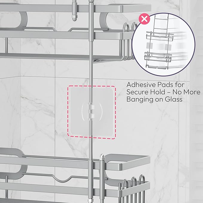 SWTYMIKI Over the Door Shower Caddy Hanging with Double Soap Holder, Hanging Shower Organizer with 16 Hooks, No Drilling Shower Shelves Over Door, Bathroom Rack and Storage, Silver