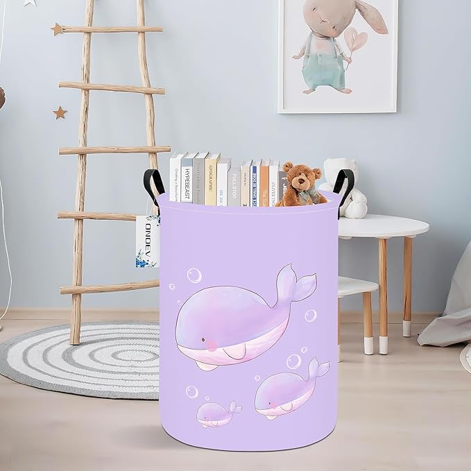 Round Foldable Girls' Storage Basket Kids Laundry Hamper Purple Gift Basket Suitable For Home Decoration and Toy Storage(Purple Whale)