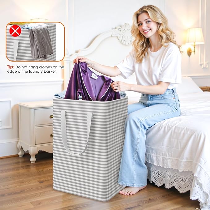 3 Pack Laundry Hamper, Waterproof & Freestanding Large Laundry Basket, Collapsible Clothes Hampers with Easy Carry Long & Reinforced Handles in Bedroom Bathroom, College Dorm(75Lx3, Gray)