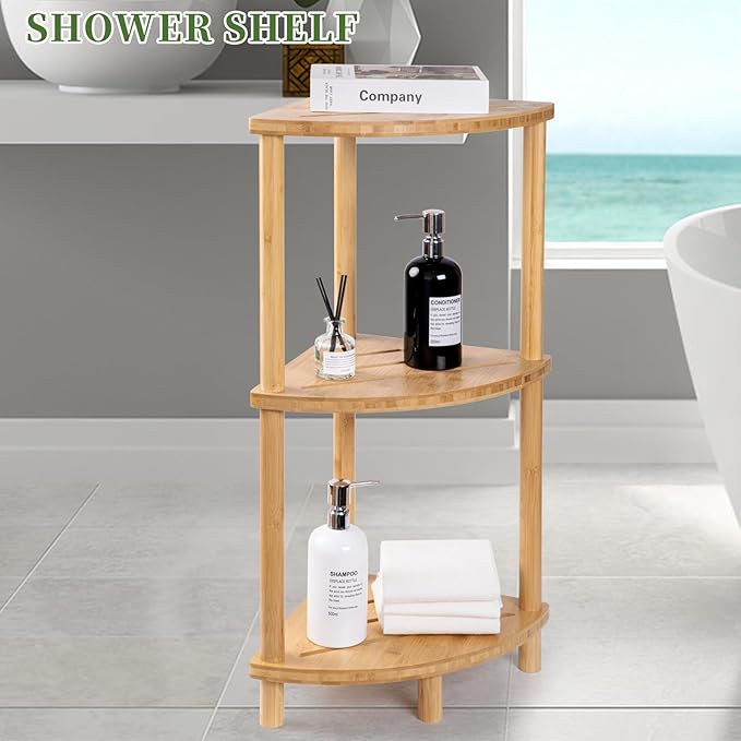 Corner Shower Caddy Stand, Bamboo Shower Organizer Standing with Anti-Slip Feet, Bathroom Corner Shelf,Waterproof & Durable, Space-Saving Design Storage for Kitchen or Living Room