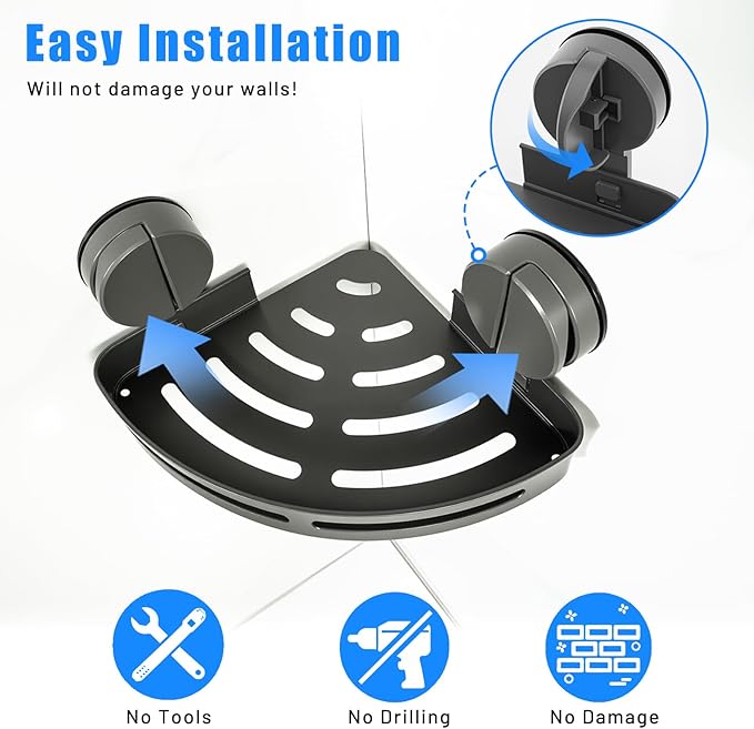 Corner Shower Caddy Suction Cup Shower Shelf Corner No Drilling Bathroom Shower Organizer Storage Rack Suction Cup Type with Towel Bar Hooks