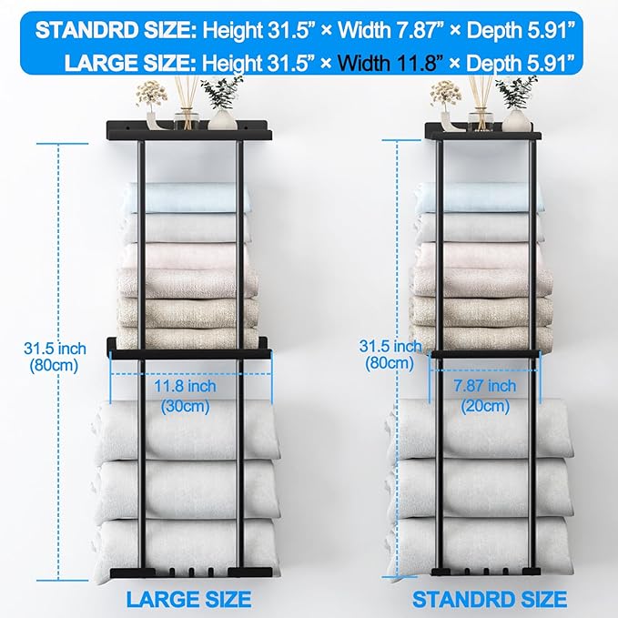Towel Rack for Bathroom, Wall Mounted Vertical Rolled Towel Storage Organizer Holder with Shelf, Holds Up 6 Large Bath Sheets, Gold Large Size