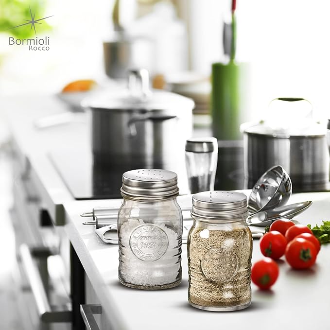 Bormioli Rocco Officina 1825 Salt & Pepper Jars Set of 2-8 Oz. Ribbed Glass Containers with Airtight Metal Lids for Seasoning, Cooking & Dining Table Use - Italian Glass Storage Design