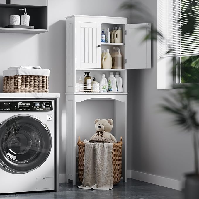 Bealife Over The Toilet Storage Cabinet with Open Shelf, Organizer with Adjustable Shelf and Double Doors,Over The Toilet Storage Shelf Free Standing- White