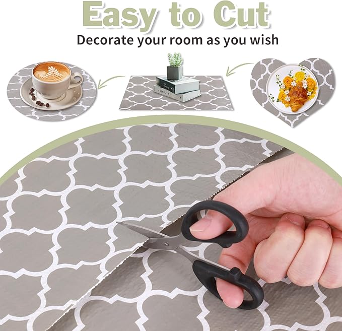 Drawer and Shelf Liner for Kitchen Cabinet: 17 in X 30 Ft Non Slip Waterproof Shelf Paper Non Adhesive Refrigerator Liners Gray Quatrefoil Easy Liners for Bathroom Cupboard with Knife Tape Measure