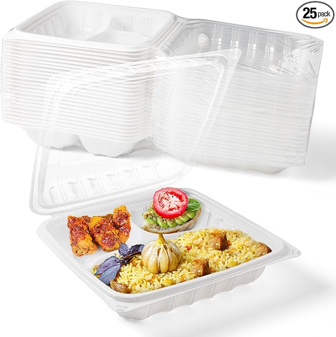 YANGRUI 25 Pack 34oz 8" 3-Compartment Togo Container Shrink-Wrapped No Wash