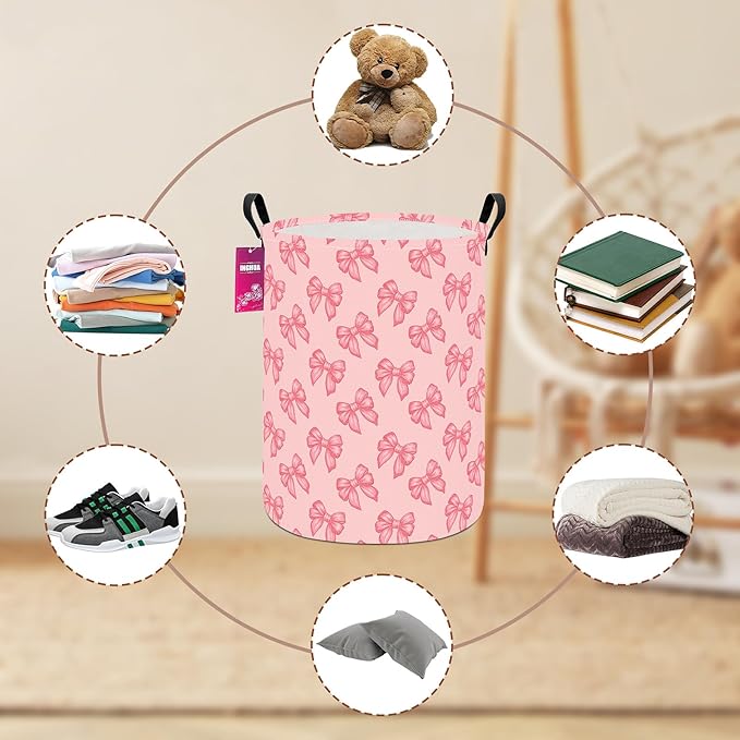 Laundry Hamper Large Canvas Fabric Lightweight Storage Basket/Toy Organizer/Dirty Clothes Collapsible Waterproof for College Dorms, Boys and Girls Bedroom,Bathroom(Pink bowknots)