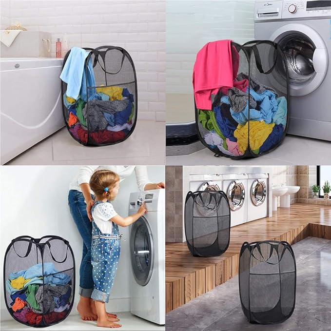 Larpur 3 Pack Pop Up Laundry Hampers, Collapsible Mesh Laundry Baskets, Portable Foldable Clothes Hampers for Dorm, Home, Bedroom, Bathroom, RV Cruise, Black