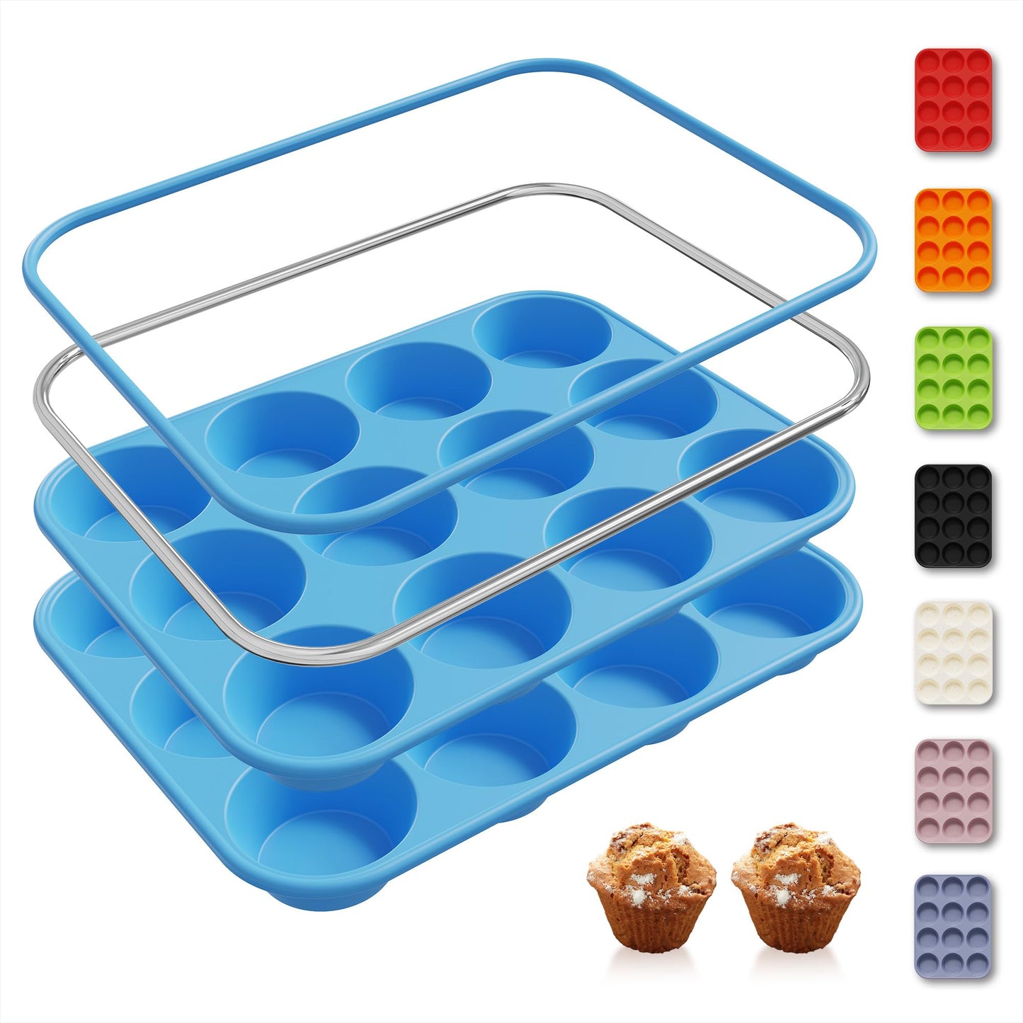 2 Pack 12 Cups Silicone Muffin Pan with Metal Reinforced Frame Regular Size Silicone Molds Cupcake Cake Baking Pans Cookie Baking Chocoflan Cupcake Mold Kitchen Baking Mold Tools for Cooking