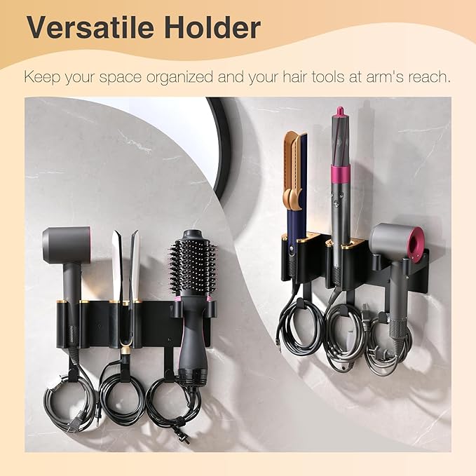 Hair Dryer Holder Wall Mount, Curling Iron Holder, 3 in 1 Hair Tool Organizer for Bathroom Vanity, Hair Straightener Holder, Aluminum Alloy (Hair Tools Not Included)