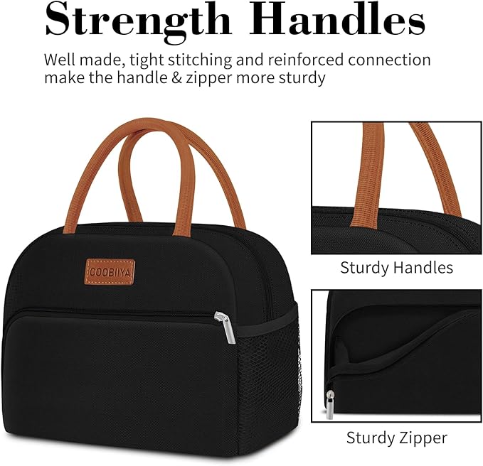 Coobiiya Lunch Box Lunch Bag for Women Men,Reusable Cute Lunch Pail bag,Leakproof,Insulated LunchBox Tote Compact 10L, Cooler Lunch Container for Work Travel Office (Black)