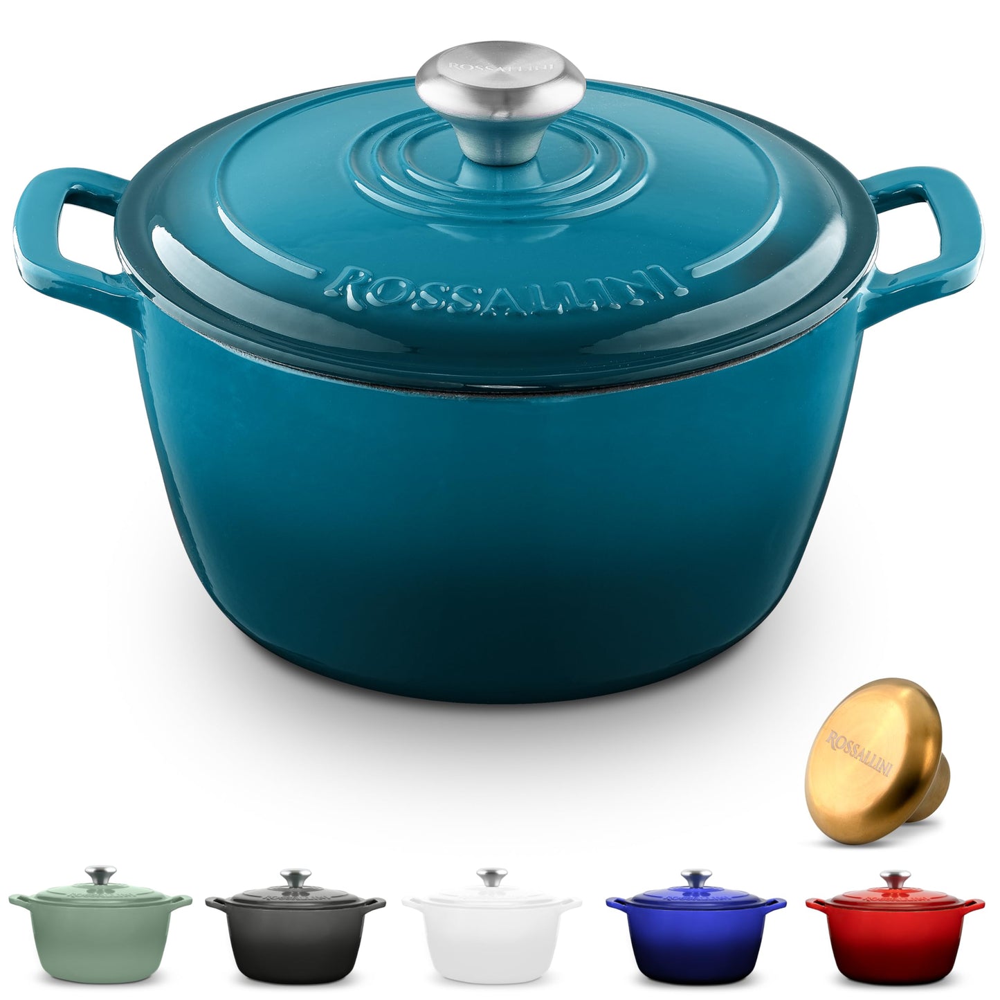ROSSALLINI Signature Enameled Cast Iron Dutch Oven, Non-Stick Serving Pot with Tight Fitting Lid for Perfect Roasting, Baking, Sauteing, and Bread Making | 7.4Q (7L) - Indigo Blue