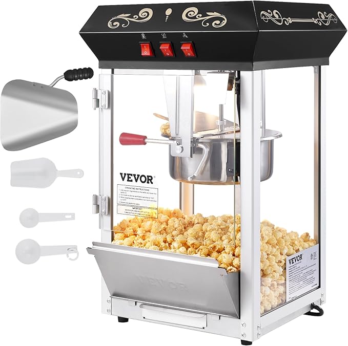 VEVOR Popcorn Maker with Cart, 850W Popcorn Popper Machine, 8 Oz Kettle Makes 48 Cups per Batch, Popcorn Maker Equipped with Tempered Glass, Includes 4 Scoops, Movie Theater Style, Black
