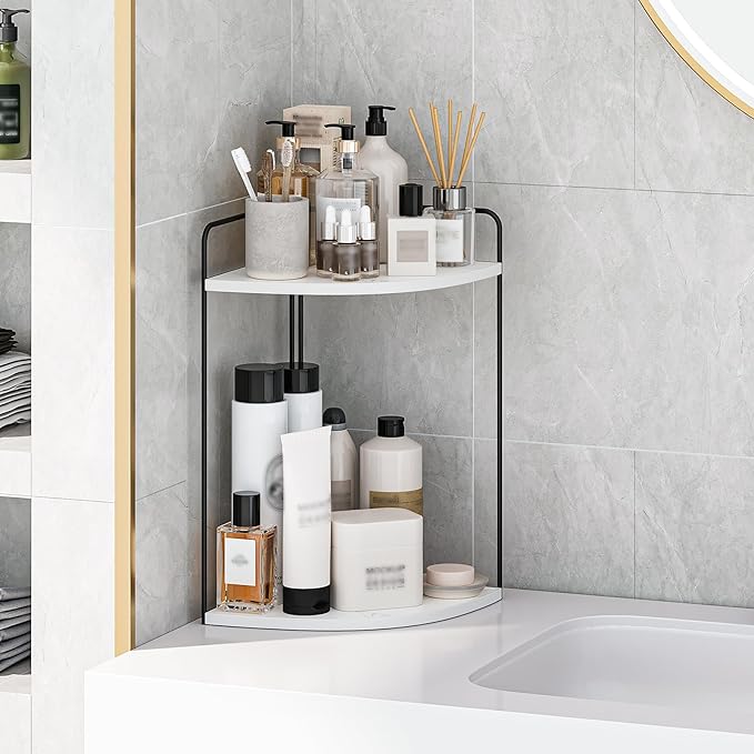 Bathroom Counter Organizer,Countertop Organizer,Vanity Organizers,Bathroom Storage,Bathroom Sink Caddy,Counter Shelf,Corner Counter,Corner Shelves(Black-White Marble)