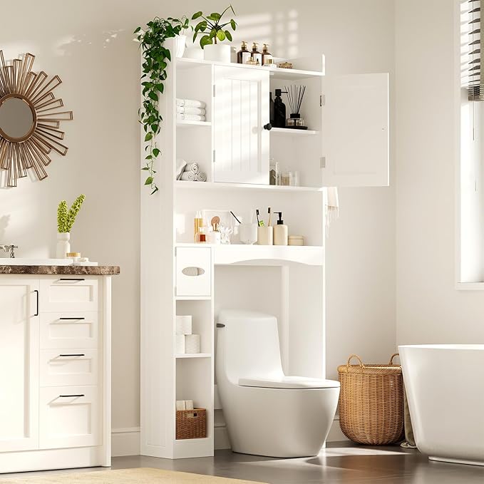 Gizoon 66''H Over The Toilet Storage Cabinet, White Over Toilet Storage Cabinet, Over Toilet Bathroom Organizer, with 2 Doors, Paper Holder and Racks, Adjustable Shelf, for Bathroom, Laundry, White