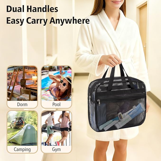 F-color Mesh Shower Caddy Portable with Zipper -Dorm Room Essentials for Guys Girls with S Hook, Shower Bag Basket Tote for College Camping Toiletry Bathroom, Black