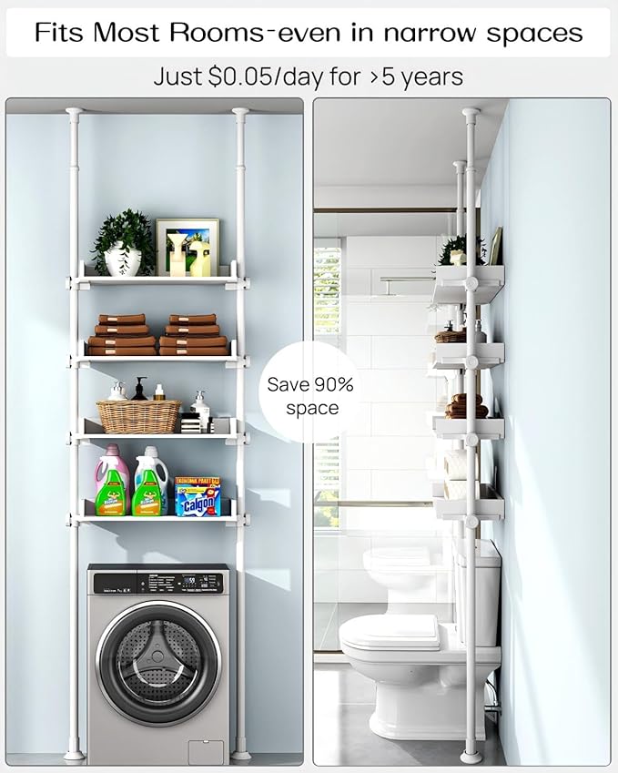ALLZONE 4 Tier Over The Toilet Storage, Adjustable Wood Over Toilet Bathroom Organizer, Freestanding Shelves, Fit Most Showers Over The Toilet Shelf, 92 to 116 Inch Tall, White