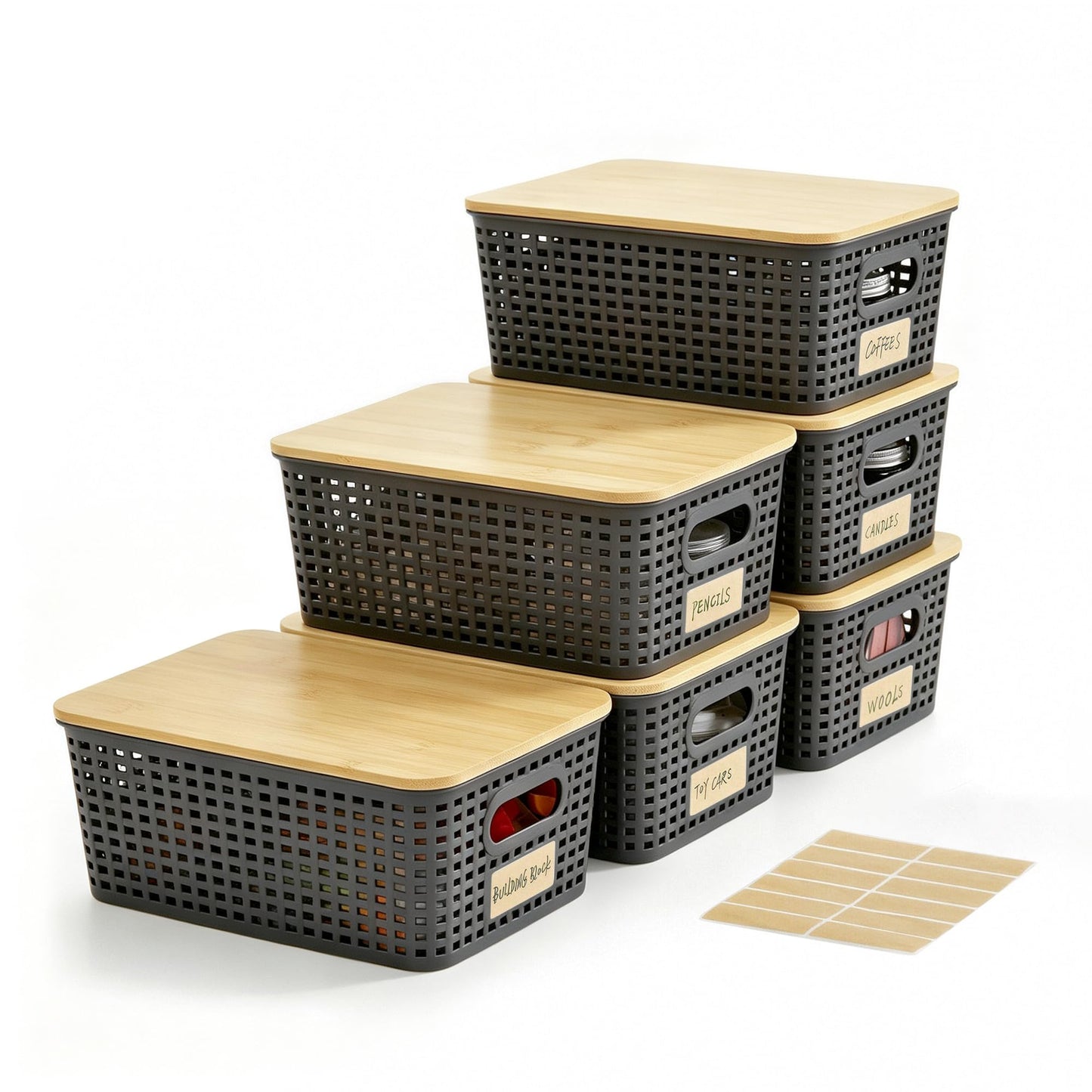 Bagnizer Small Plastic Storage Bins with Bamboo Lids 5.2qt Stackable Box Basket Pantry Decorative Containers Cute with Lable for Organizing Desktop Closet Office Gray of 6 packs 10 * 7.2 * 4.1"