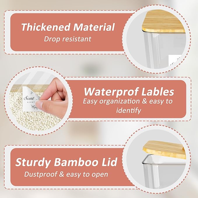 Laundry Room Organization and Storage, Laundry Pods Container and Dryer Sheet Holder with Bamboo Lids and Labels, Laundry Organizer with Scoops for Booster Beads, Powder, Pods, 3+1 Pack