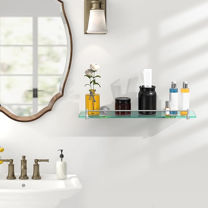 20 Inches Glass Shelves for Bathroom, Brushed Nickel Floating Glass Shelf Stainless Steel Tempered Glass Bathroom Shelves for Wall Mount Modern