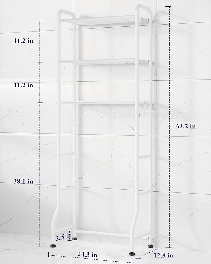 Kitsure Over Toilet Storage Rack - Metal Over Toilet Bathroom Organizer Shelf, Over The Toilet Storage Cabinet with Paper Holder and Hooks, Bathroom Cabinet for Laundry, White, 3 Tiers (63.2" H)