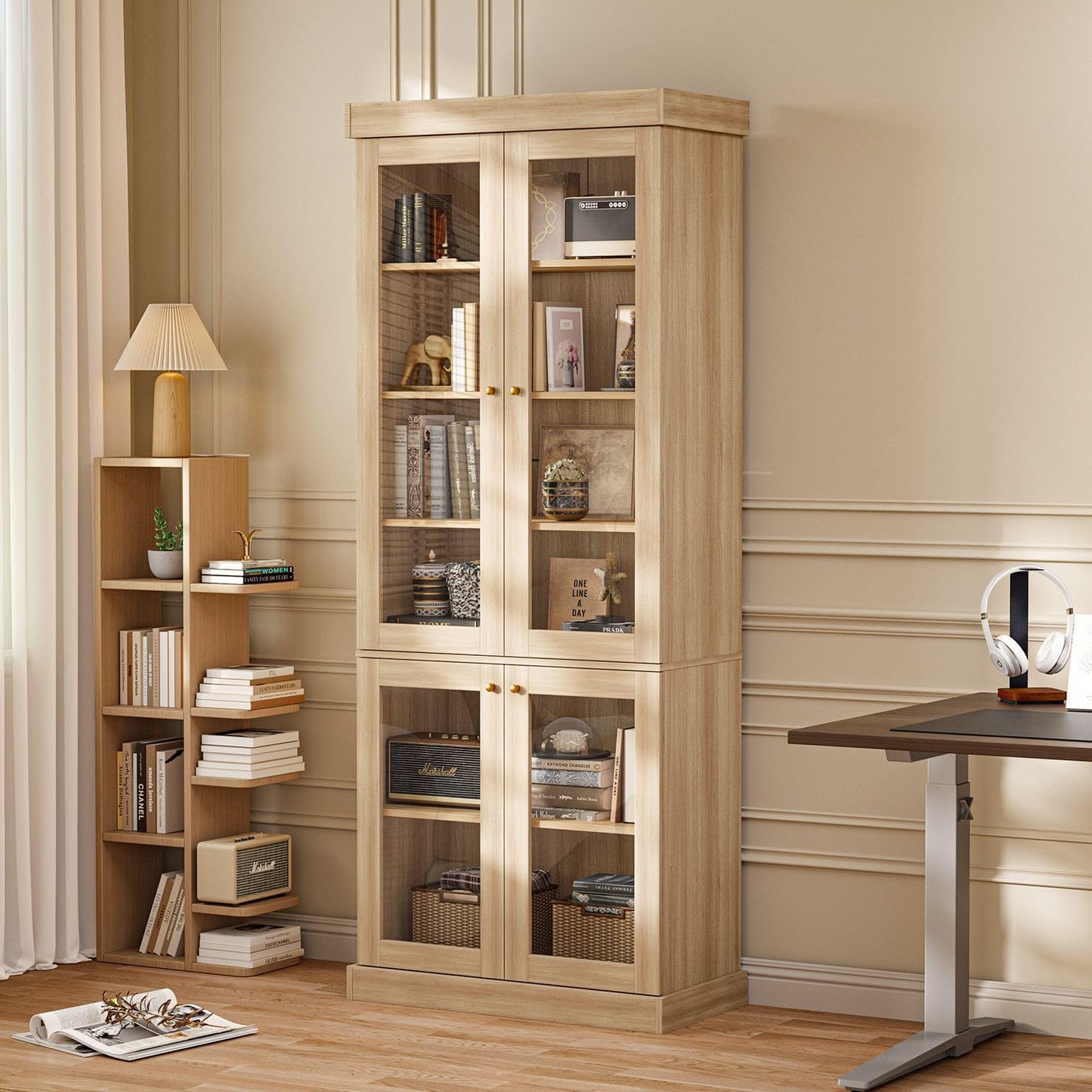 ivaniti 70.8" Tall Bookshelf with Doors, Farmhouse Modular Bookcase with 4-Tier Adjustable Shelves, Large Storage Cabinet for Home Office, Living Room, Brown, Set of 2
