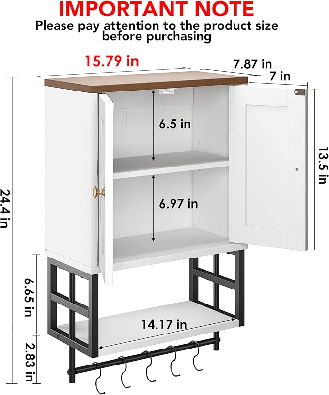 Farmhouse Medicine Cabinet - 3-Tier Wall Mounted Storage Organizer with Adjustable Shelves, Towel Bar, 5 Hooksfor Small Bathroom, Laundry Room, Over Toilet, Living Room, Bedroom (White)