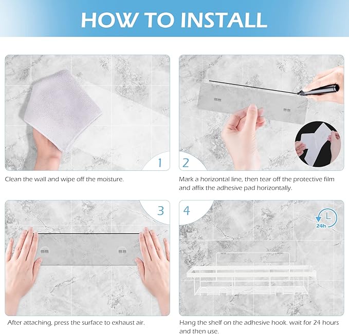 2 Pack Adhesive White Shower Caddy Organizer with Hooks, Rustproof No Drilling Wall Mounted Storage Shelf Rack for Inside Shower/Bathroom/Kitchen