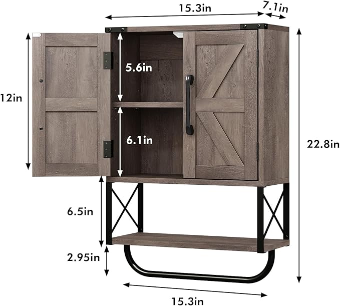 RUSTOWN Farmhouse Rustic Medicine Cabinet with Two Barn Door,Wood Wall Mounted Storage Cabinet with Adjustable Shelf and Towel Bar, 3-Tier Cabinet for Bathroom, Living Room(Washed Oak)