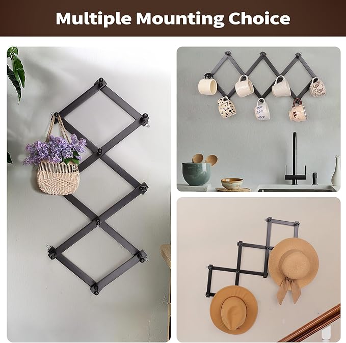 Wall Rack with 10 Hooks, Wooden Wall Expandable Coat Rack for Coat, Hats, Baseball Caps, Coffee Mug, Jewelry(Black)