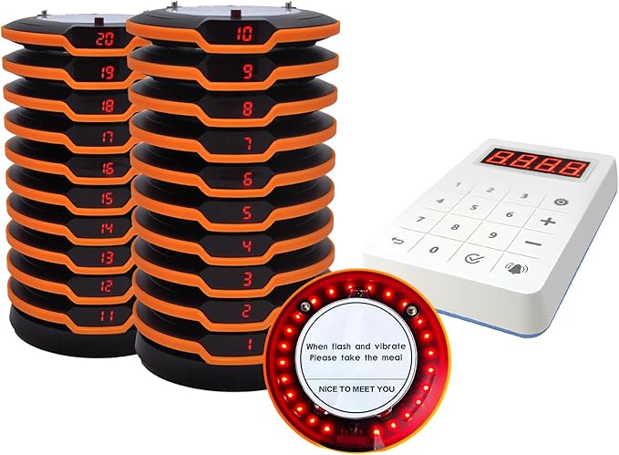 Restaurant Buzzer System, 10 Coaster Beeper Pager System with Buzzer, Customer Queue Pagers Set with Vibration, Flashing and Buzzer, for Food Truck, Church, Nursery