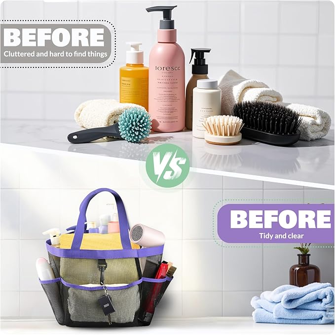 Mesh Shower Caddy Portable for College Dorm Room Essentials with 8 Pockets, Shower Bag for Beach, Swimming, Gym, Travel, Bathroom(Purple)