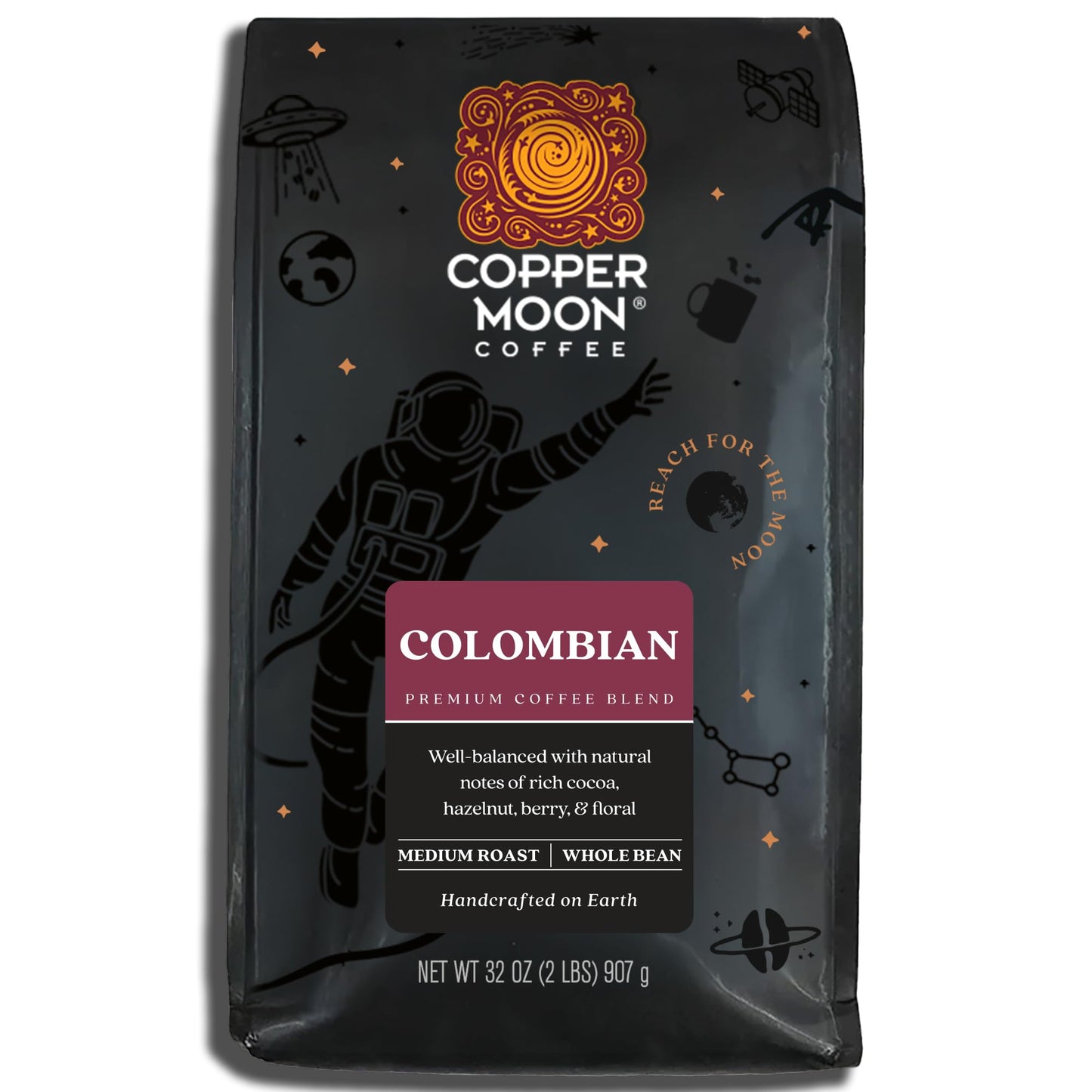 Copper Moon Whole Bean Coffee, Medium Roast, Organic Eco Harvest, 2 lb