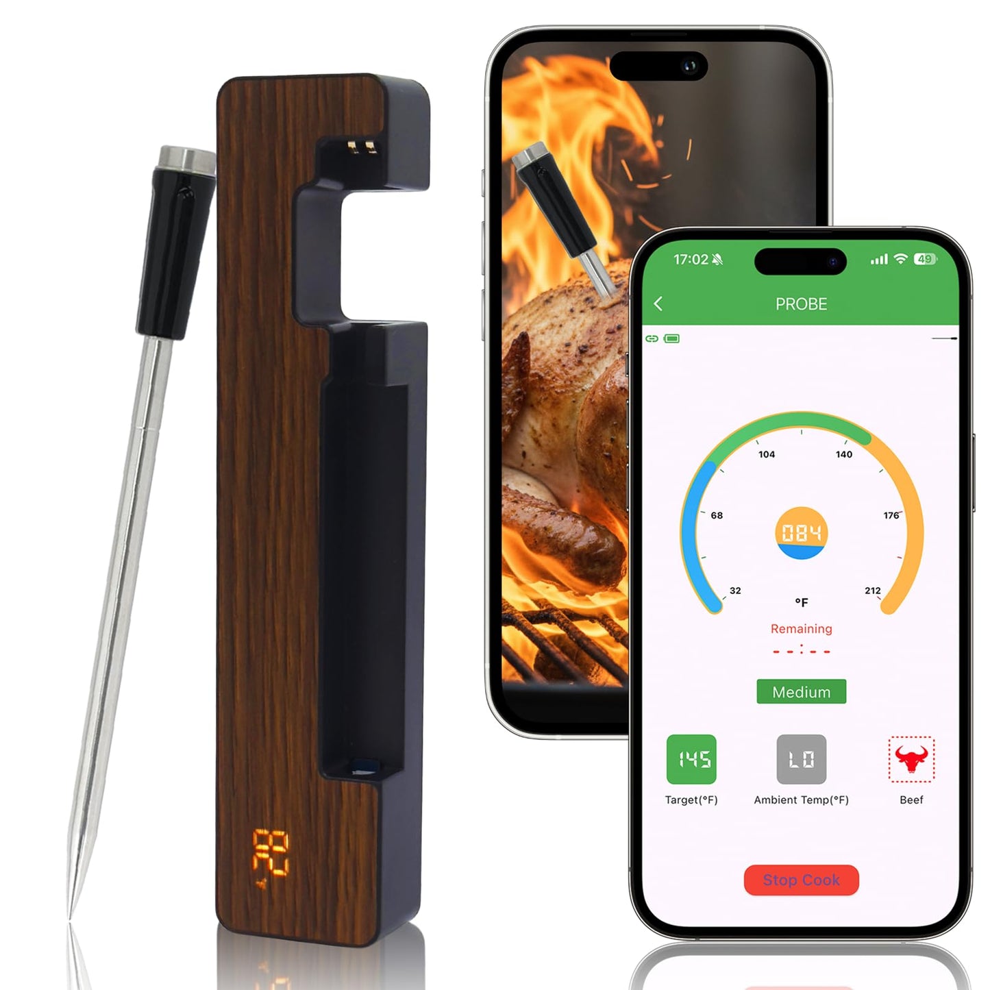 Wireless Smart Meat Thermometer with 4 Probes, Ultra-Long Range Bluetooth 5.4, App Control with iOS & Android, IP67 Waterproof, 10 Preset Menus & Color-Coded Probes for Oven, Grill, BBQ, A8