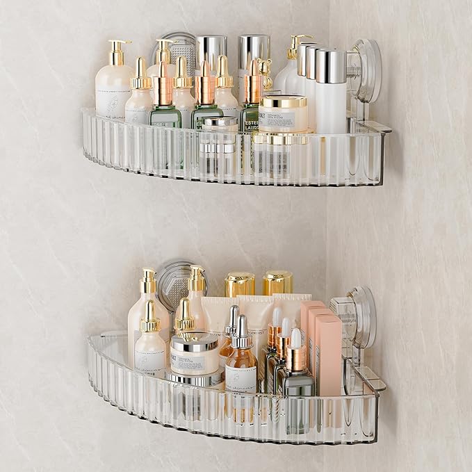 Corner Shower Caddy Suction Cup Bathroom Shower Organizer for Bathroom Storage Home Decor & Kitchen No Drilling Capacity Removable and Reusable Shower Shelves for Inside. (clear, corner)