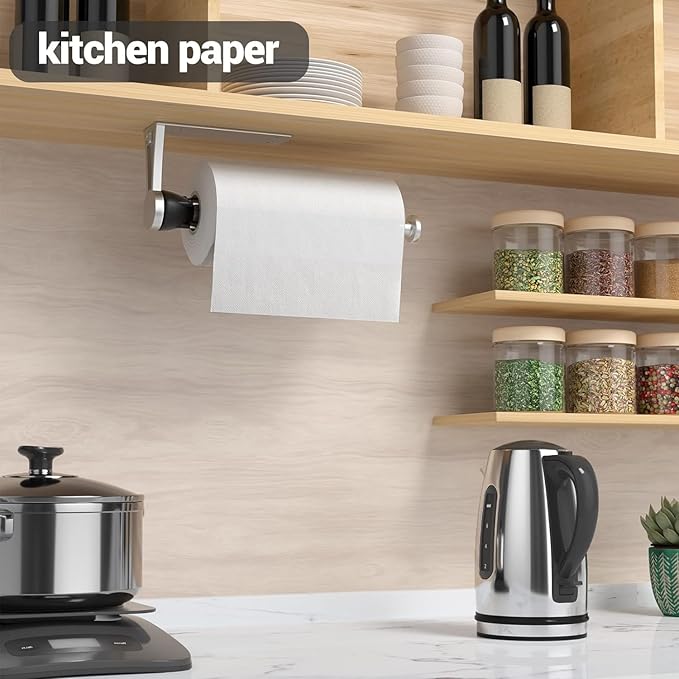 Paper Towel Holder Under Cabinet with Damping Effect, Single-Hand Operable Wall Mount Paper Towel Holder for Kitchen/Bathroom, Under Counter Self-Adhesive/Drilled Kitchen Towel Holder