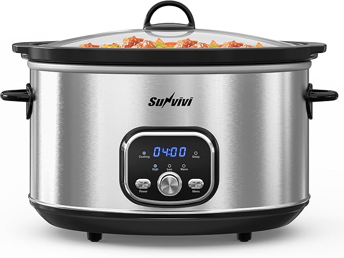 Sunvivi 4 Quart Slow Cooker & Mini Food Warmer with 3 Heating Settings, Removable Ceramic Pot, Dishwasher Safe Glass Lid, Stainless Steel, Blue