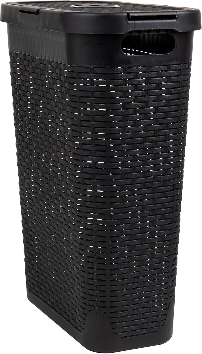 Mind Reader Slim Laundry Hamper with Lid, 40L Clothes Basket, Premium Wicker Design, Plastic, Set of 2, Black