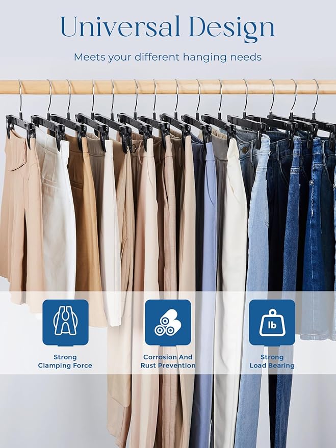 Smartor Space Saving Skirt Hangers - 60 Pack, Slim Plastic Pants and Shorts Hangers, Ridged Non-Slip with Pinch Clips, Black Clip Hangers for Women, 360-Rotating Chrome Swivel Hook, 12 Inches