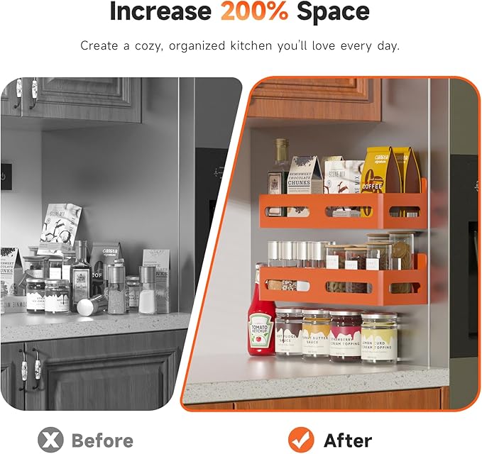 4 Pack Strong Magnetic Spice Rack for Refrigerator, Multipurpose Magnetic Shelf for Fridge with 4 Hooks for kitchen and Bathroom Organization, Orange